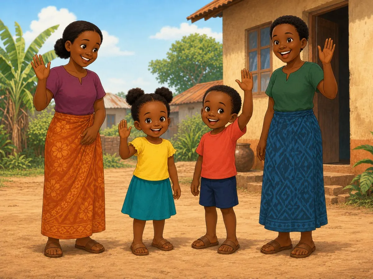 Illustration of Amara, Kato and their families waving