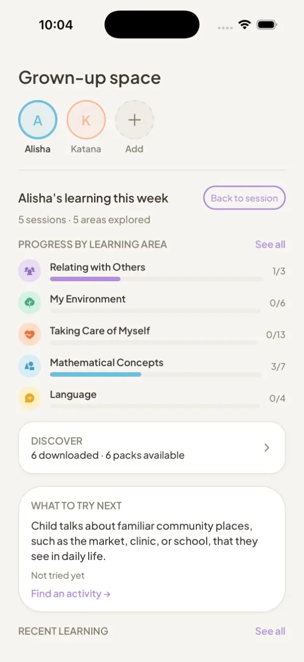 Grown-up space showing progress by learning area