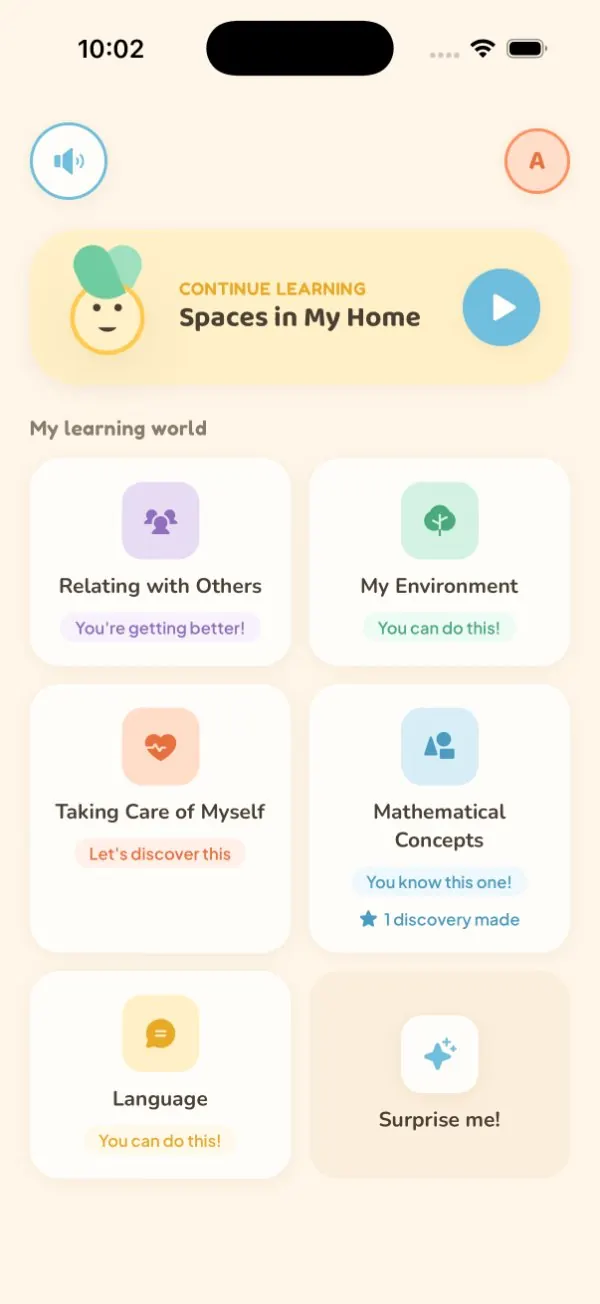 Rootling home screen showing five learning areas