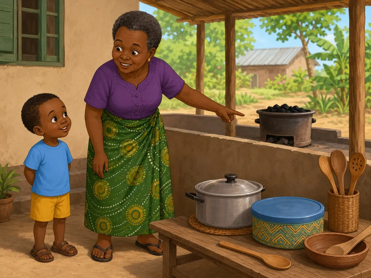 Illustration of Ayo and his grandmother in an outdoor cooking space